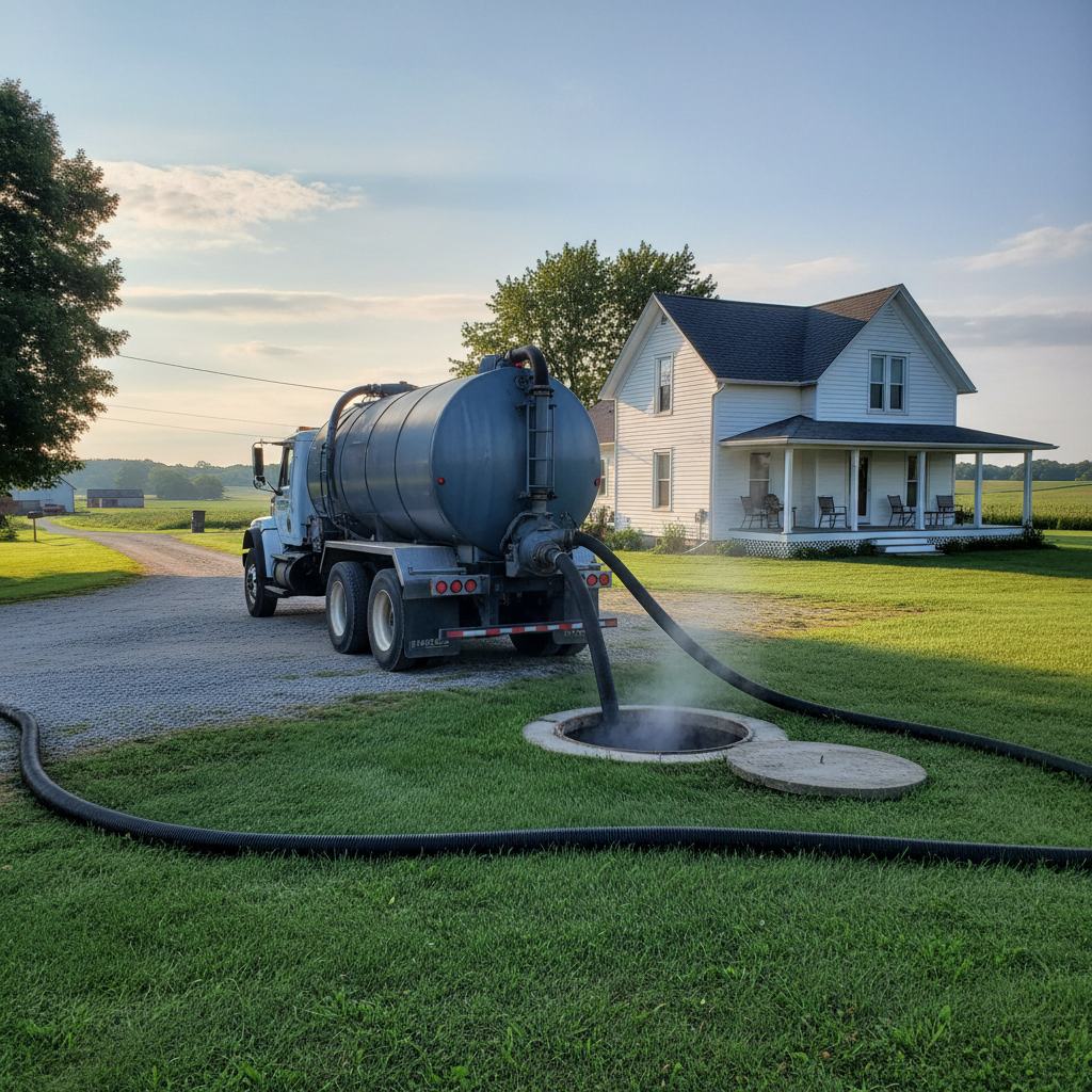 Septic pumping truck servicing a rural home near Evansville Indiana